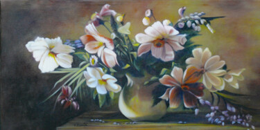 Painting titled "fleurs" by Christiane Plante, Original Artwork, Oil Mounted on Wood Stretcher frame