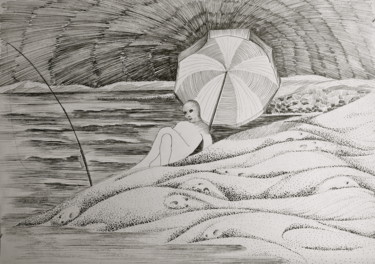 Dessin intitulée "Reghaïa plage" par Christiane Seguin, Œuvre d'art originale, Encre