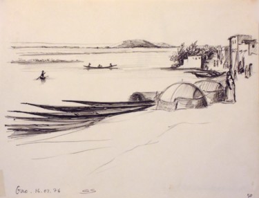 Disegno intitolato "Pirogues sur le Nig…" da Christiane Seguin, Opera d'arte originale, Biro