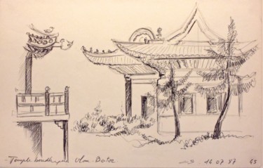 Dessin intitulée "Ulan Bator - Temple" par Christiane Seguin, Œuvre d'art originale, Stylo à bille