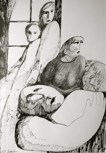 Drawing titled "Ville-décor gris" by Christiane Seguin, Original Artwork, Ink