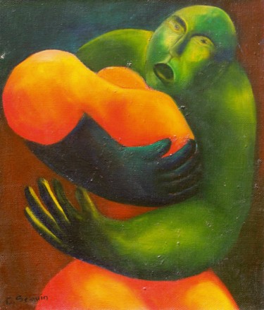 Painting titled "Couple rouge + vert" by Christiane Seguin, Original Artwork, Oil Mounted on Wood Stretcher frame