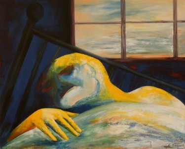 Painting titled "Lit devant la Fenêt…" by Christiane Seguin, Original Artwork, Oil Mounted on Wood Stretcher frame