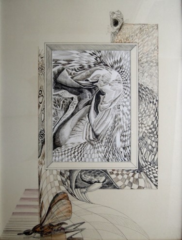 Tekening getiteld "Larve et Papillon" door Christiane Seguin, Origineel Kunstwerk, Inkt