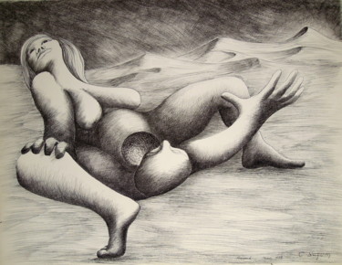 Dessin intitulée "Amguid les Dunes" par Christiane Seguin, Œuvre d'art originale, Encre