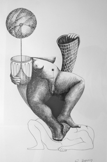Σχέδιο με τίτλο "Temps" από Christiane Seguin, Αυθεντικά έργα τέχνης, Μελάνι