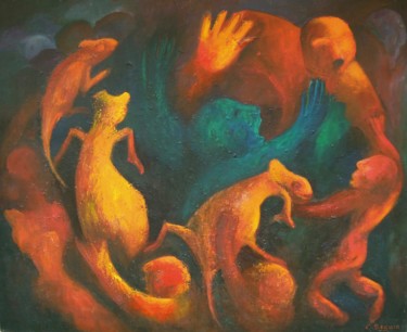 Peinture intitulée "Caméléons" par Christiane Seguin, Œuvre d'art originale, Huile Monté sur Châssis en bois