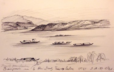 Sampans Dessin intitulée "Sampans" par Christiane Seguin, Œuvre d'art originale, Stylo à bille