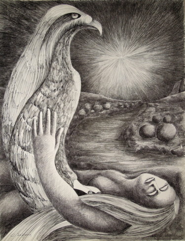 Dessin intitulée "Il aimait les oisea…" par Christiane Seguin, Œuvre d'art originale, Encre