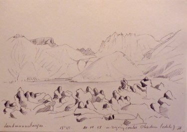 Tekening getiteld "Landmannalaugar" door Christiane Seguin, Origineel Kunstwerk, Balpen