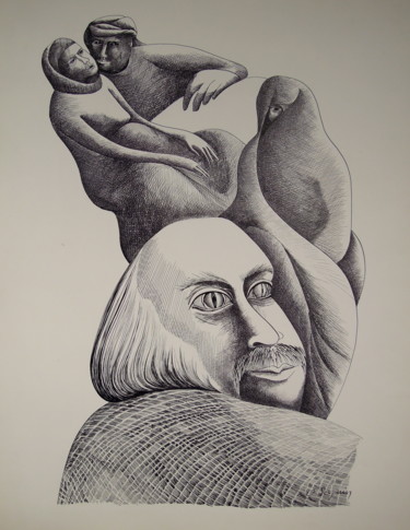 Disegno intitolato "Vue" da Christiane Seguin, Opera d'arte originale, Inchiostro