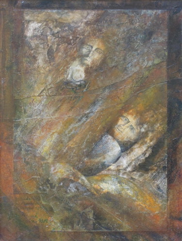 Painting titled "Regards Déchirés" by Christiane Seguin, Original Artwork, Collages Mounted on Wood Panel