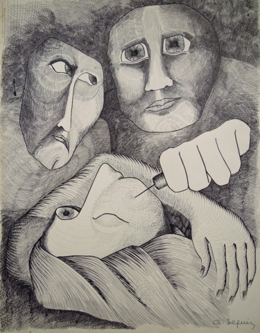 Disegno intitolato "Piqûre" da Christiane Seguin, Opera d'arte originale, Inchiostro