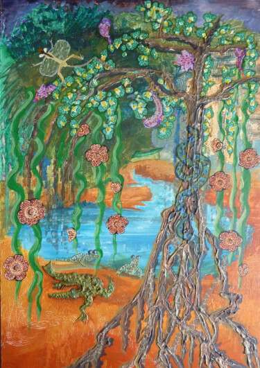 Painting titled "La Mangrove" by Christiane Stempfer, Original Artwork, Acrylic Mounted on Wood Panel