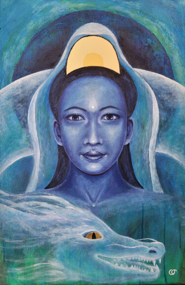 Painting titled "Kuan Yin" by Christiane Tabord Deillon, Original Artwork, Oil Mounted on Wood Panel