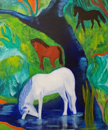 Painting titled "Les chevaux de Paul" by Christiane Tort, Original Artwork, Acrylic
