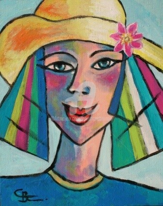 La fleur au chapeau Peinture intitulée "La fleur au chapeau" par Christiane Bernais, Œuvre d'art originale, Huile Monté sur Carton