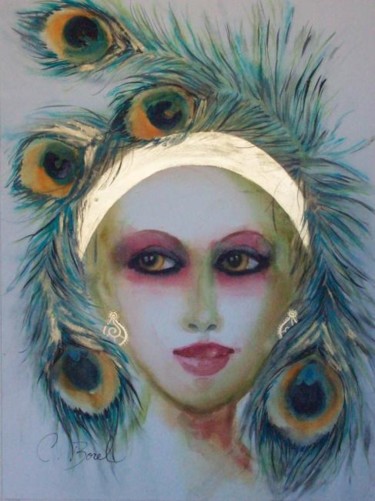 Peinture intitulée "femme aux plumes de…" par Christiane Borel, Œuvre d'art originale, Huile