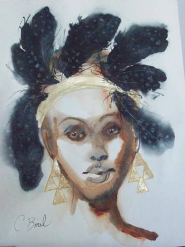 Картина под названием "femme aux plumes de…" - Christiane Borel, Подлинное произведение искусства, Акварель