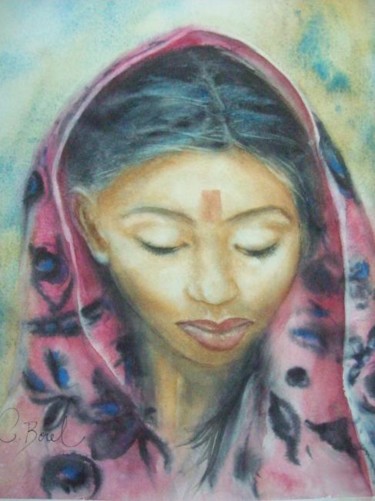 Painting titled "jeune fille indienne" by Christiane Borel, Original Artwork, Watercolor