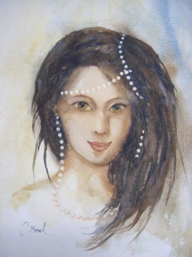 Peinture intitulée "Jeune femme aux per…" par Christiane Borel, Œuvre d'art originale, Aquarelle