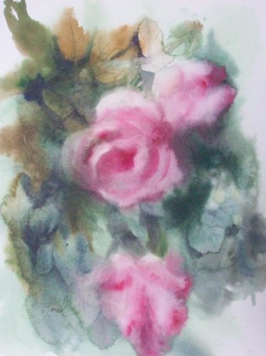Pintura intitulada "le rosier du jardin" por Christiane Borel, Obras de arte originais, Aquarela