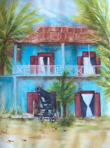 Painting titled "Maison Coloniale à…" by Christiane Borel, Original Artwork, Watercolor