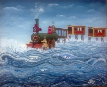 Peinture intitulée "TRAIN SUR L'EAU , H…" par Christiane Malet, Œuvre d'art originale, Huile