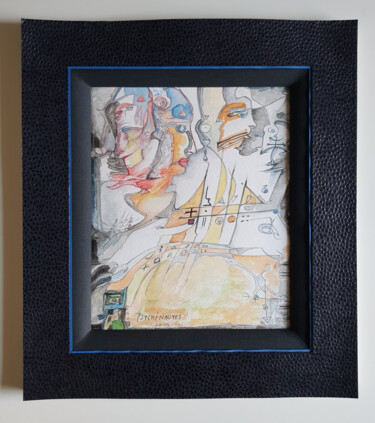 Painting titled "Psychénautes Zéro" by Christian Gorget, Original Artwork, Watercolor Mounted on Cardboard
