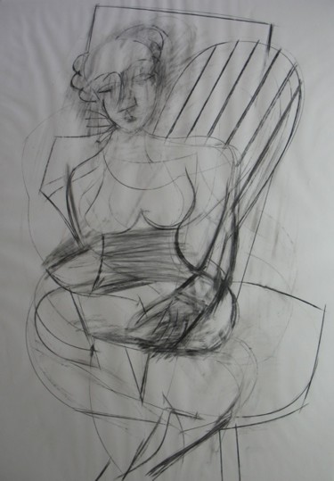 Dessin intitulée "Femme assise, fusai…" par Christian Lopez, Œuvre d'art originale