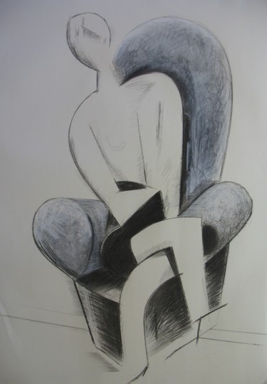 Dessin intitulée "Femme assise, fusai…" par Christian Lopez, Œuvre d'art originale
