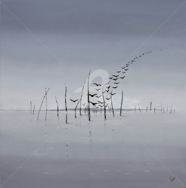 Malarstwo zatytułowany „Oiseaux V” autorstwa Christian Naura, Oryginalna praca, Akryl Zamontowany na Drewniana rama noszy