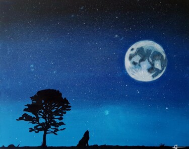 Painting titled "Loup lunaire" by Christianréa Art, Original Artwork, Acrylic Mounted on Wood Stretcher frame