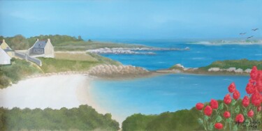 Картина под названием "plage de porz reter…" - Christian Salaun, Подлинное произведение искусства, Масло Установлен на Дерев…