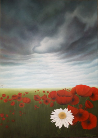 Peinture intitulée "orage-sur-champ-de-…" par Christian Salaun, Œuvre d'art originale, Huile
