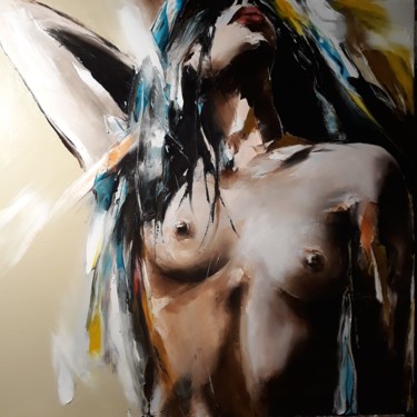 Painting titled "nude" by Christian Vey, Original Artwork, Oil Mounted on Wood Stretcher frame