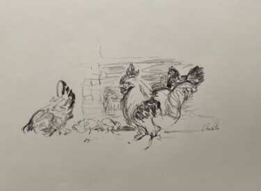 Dibujo titulada "Poules Coq poussins" por Christille De Witte, Obra de arte original, Lápiz