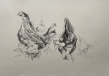Dessin intitulée "Poules poussins 12-…" par Christille De Witte, Œuvre d'art originale, Crayon