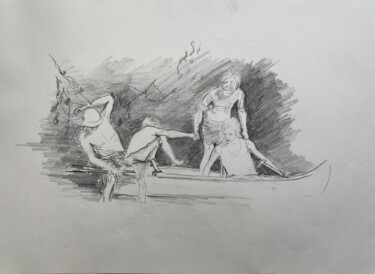 Desenho intitulada "Descente en canoë c…" por Christille De Witte, Obras de arte originais, Lápis