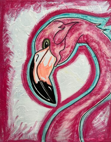 Schilderij getiteld "Pink flamingo" door Christin Cameron, Origineel Kunstwerk, Acryl Gemonteerd op Frame voor houten branca…