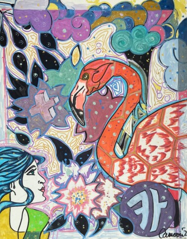 Картина под названием "Whatu Flamingo card" - Christin Cameron, Подлинное произведение искусства, Акрил Установлен на Деревя…