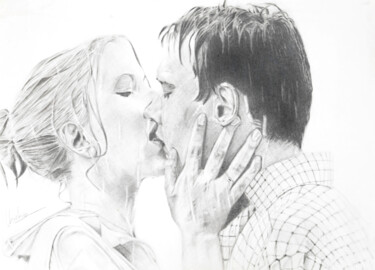 Drawing titled "Match Point Kiss" by Christina Diamond, Original Artwork, Graphite