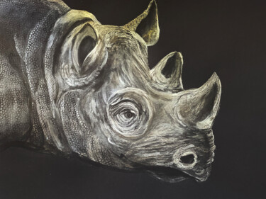 Drawing titled ""Rhinoceros"" by Christina Kristovsky, Original Artwork, Acrylic Mounted on Wood Panel