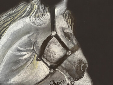 Painting titled ""Белый конь"" by Christina Kristovsky, Original Artwork, Oil Mounted on Cardboard