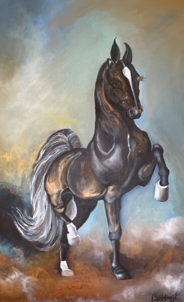 Painting titled "Rearing horse" by Christina Kristovsky, Original Artwork, Oil Mounted on Wood Stretcher frame