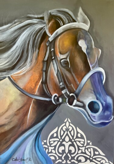Картина под названием "Конь с орнаментом" - Christina Kristovsky, Подлинное произведение искусства, Масло Установлен на Дере…