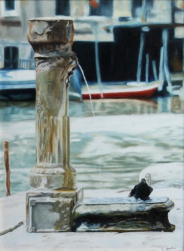 Painting titled "Venise Le pigeon" by Christina Ugolini, Original Artwork, Oil