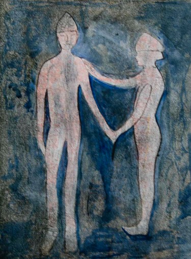 Painting titled "Couple Divin 02" by Christine Jegaden, Original Artwork, Pigments Mounted on Wood Panel