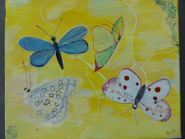 Peinture intitulée "Papillons fond jaun…" par Christine Alavoine, Œuvre d'art originale, Huile