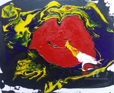 Painting titled "Lips in Fire 1" by Christine Barone, Original Artwork, Acrylic Mounted on Cardboard